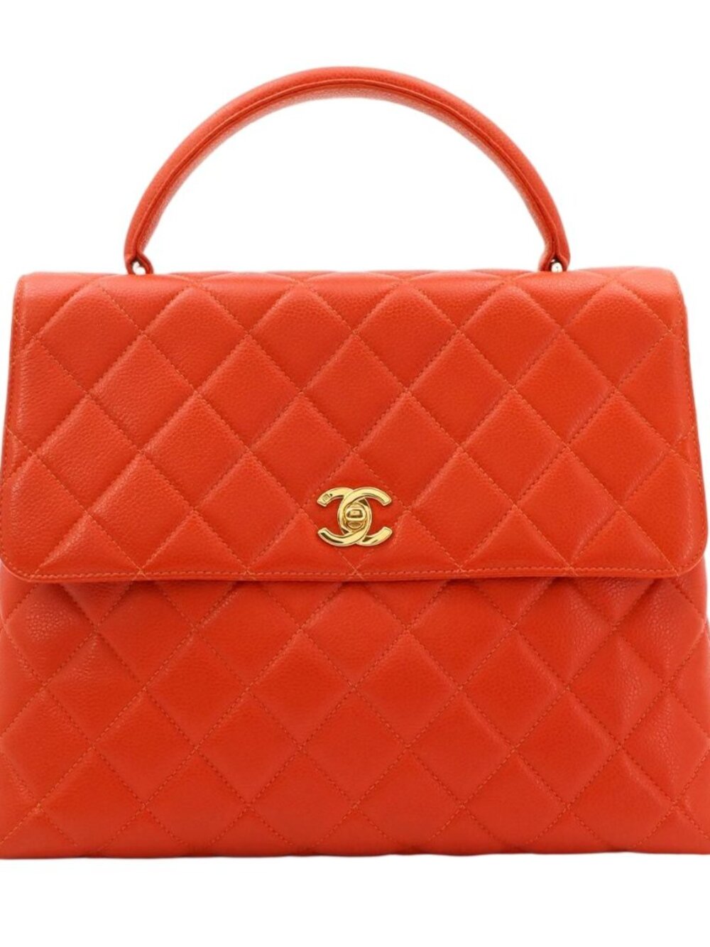 Chanel Quilted Hand Bag Caviar Leather Orange Gold Vintage